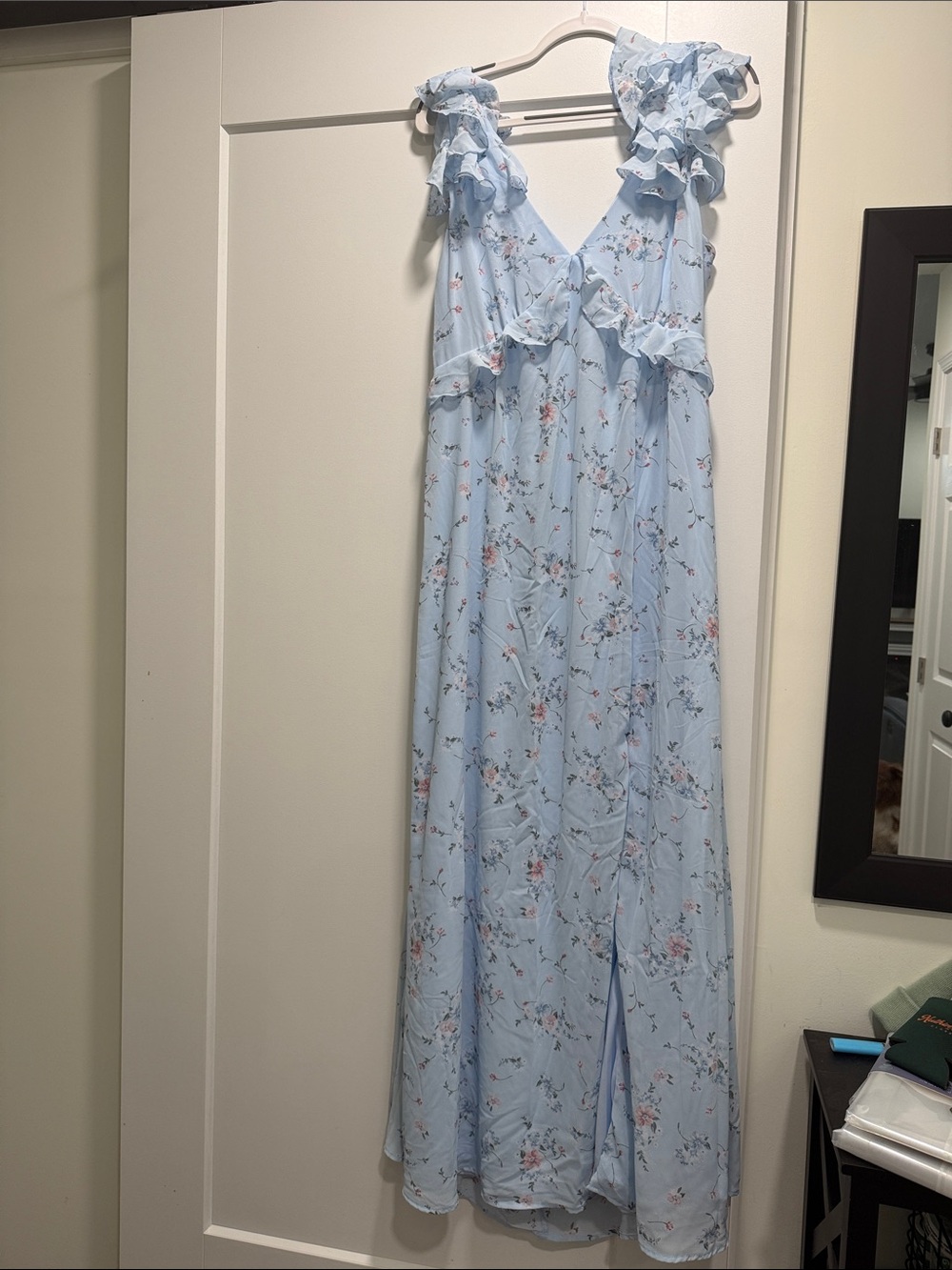 Francesca's Collections Light Blue Floral Ruffle Maxi dress